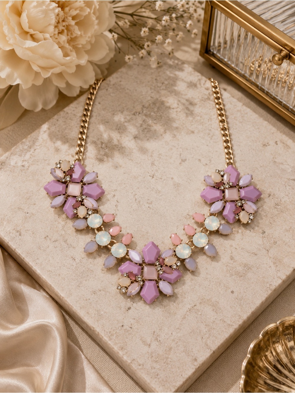 J. CREW Statement Necklace!  Lilac, Pale Green, Rhinestone Floral Collar